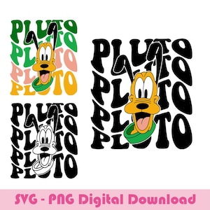 May include: Digital design featuring Pluto, the Disney cartoon dog, with the word "Pluto" in various colors and styles. The image includes a cartoon Pluto with his tongue out, wearing a green collar. The bottom of the image reads "SVG - PNG Digital Download."