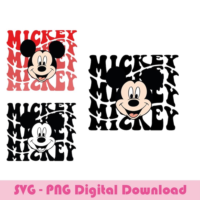 May include: Black and white digital download design featuring Mickey Mouse's face surrounded by the word "Mickey" repeated in a psychedelic pattern.