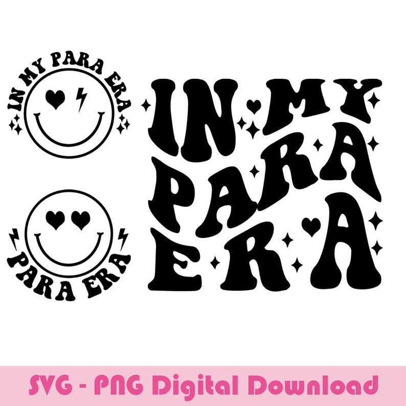 May include: Black and white graphic design with the text "In My Para Era" in a retro, wavy font. The design includes a smiley face with hearts for eyes and a lightning bolt for a mouth.