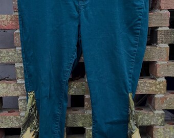 Women's 16W GD Bolt Appliqué Embroidered Boho Hippie Belly Bottom Corduroy  Pants Patchwork