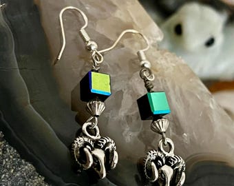 Aries Ram Earrings with rainbow glass beads on sterling hooks