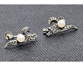 Vintage Sterling Marcasite & Pearl Screw Back Earrings Art Deco Style