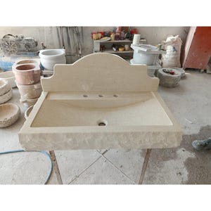 Handcrafted Beige Marble Sink with Backsplash - Rustic Farmhouse Vanity