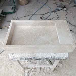 Hand Carved Calacatta Beige Marble Sink: Rectangular Wall Mounted Farmhouse Sink