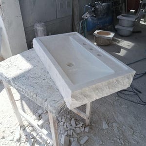 Hand Carved Calacatta Beige Marble Sink: Wall Mounted Farmhouse Style