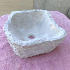 Hand-Carved Beige Marble Sink: Rustic Stone Vessel Basin, 15.7&quot;