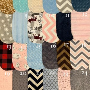 May include: A set of 24 fabric squares with various patterns and colors, including blue, pink, gray, brown, and white. The squares are arranged in a grid pattern and numbered 1 through 24.