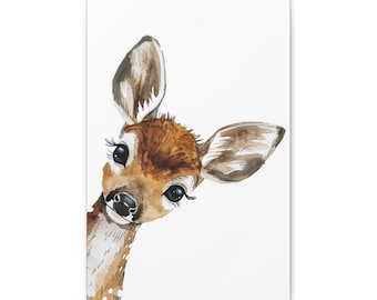 Canvas Print - Watercolor Baby Deer Peeking in from side of picture Sweet print for nursery, Nursery Wall Art, Baby Deer Decor, Kids Room