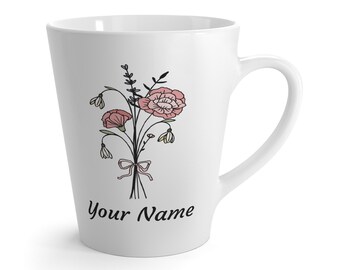 Birth Flower Personalized Latte Mug, Floral Meaning Gift for Her, Coffee Tea Lover Present, Gardener, Ceramic Cup, Gardening Mug, Mother's