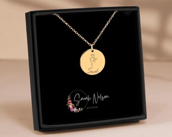 Name and Birth Flower Necklace, Gold Plated Customized Gift, Birthday gift, Gardener Gift, Flower Necklace, Personalized necklace, Teen girl