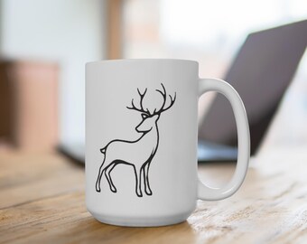 Minimalist Line Drawing Deer Mug 15oz, Large Latte Cup, Hot Chocolate Mug, Wildlife Animal Lover Gift, Woodland Theme Kitchen Decor