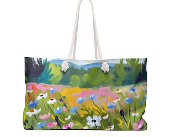 Floral Weekender Bag - Black, White, Blue, Overnight Travel Tote, Carry-On Duffel, Women's Weekend Getaway Purse, Beach Vacation Luggage