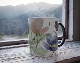 Color Changing Mug, Flower Garden Design, Heat Sensitive Coffee Cup, Floral Print, Gift for Coffee Lovers, Color Morphing Cup