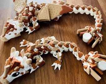 S'mores Articulated Chocolate Dragon, Marshmallow Creature, Large Winged Dragon or Baby Wingless Dragon, Flexible 3D Printed Dragon Figurine