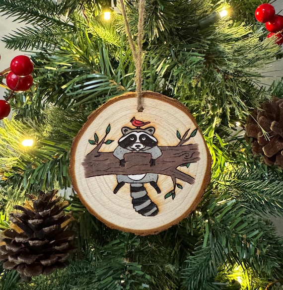 Wooden Raccoon Ornament, Original Artwork, Hand-painted, Natural Wildlife, Hanging Christmas Ornament, Rustic Christmas Decor, Gift Idea