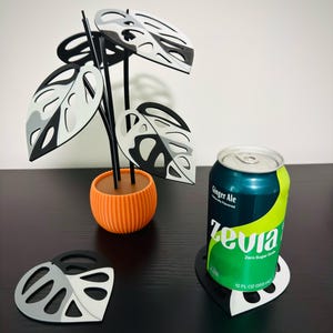 May include: A decorative plant sculpture with black stems and gray, white, and black leaves in an orange pot. A can of Zevia Ginger Ale sits on a matching coaster. A second coaster is also visible.