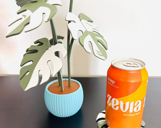 Monstera Plant Coaster Set, Choice of Leaf and Pot Color, Modern Plant Decor w/ 6 Coasters, Disguised Functional Home Decor, Great for Desks
