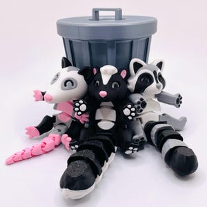 Trash Animals w/ Trash Can, Articulating Fidget Animal (Raccoon, Opossum, or Skunk), Complete with &quot;Trash&quot; and Locking Lid, Desk Pet or Gift
