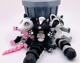 Trash Animals w/ Trash Can, Articulating Fidget Animal (Raccoon, Opossum, or Skunk), Complete with "Trash" and Locking Lid, Desk Pet or Gift