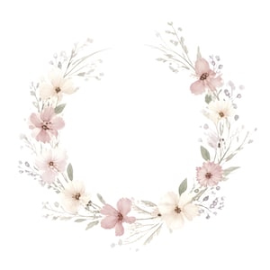 Könnte beinhalten: Aquarell-Blumenkranz mit zarten rosa- und cremefarbenen Blüten, grünen Blättern und feinen Zweigen. Das Design ist kreisförmig angeordnet, ideal für Einladungen oder dekorative Elemente.
