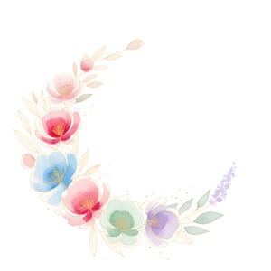 Può includere: Design floreale ad acquerello a forma di mezzaluna con fiori rosa, rossi, blu, verdi e viola con contorni e accenti dorati. La composizione include foglie e boccioli, su sfondo bianco.