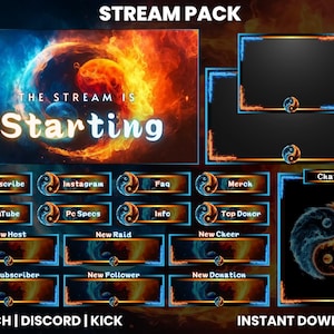 Può includere: Un pacchetto di streaming con un tema fuoco e ghiaccio. Il pacchetto include una schermata di avvio, chat, iscriviti, YouTube, specifiche del PC, informazioni, donatore principale, nuovo host, nuovo raid, nuovo cheer, nuovo abbonato, nuovo follower, nuova donazione e pulsanti di merchandising. Il pacchetto include anche una finestra di chat con un simbolo yin yang.