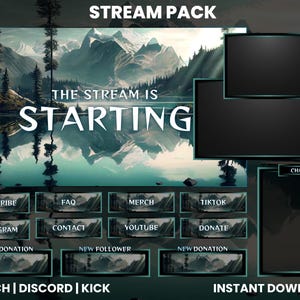 Peut inclure: Une superposition de pack de diffusion avec un arrière-plan de lac de montagne. La superposition comprend un grand écran noir pour une webcam, une boîte de discussion et plusieurs boutons pour s'abonner, faire un don et suivre. Le texte "THE STREAM IS STARTING" est affiché en blanc sur un fond noir.