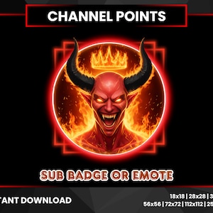 May include: Digital graphic featuring a red devil with horns, a crown, and a fiery background. The image is framed with a red border and includes the text "CHANNEL POINTS" and "SUB BADGE OR EMOTE".