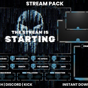 May include: A digital stream pack featuring a skull design. The pack includes overlays, social media buttons, and a chat box. Text includes "The Stream is Starting", "Subscribe", "Instagram", "PC Specs", "FAQ", "Youtube", "Merch", "Top Donor", "Info", "New Subscriber", "New Follower", and "New Donation".