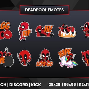 Puede incluir: Un conjunto de 10 emoticonos digitales que presentan a Deadpool en varias poses y expresiones. Los emoticonos están diseñados en un estilo de dibujos animados e incluyen texto como "GG", "RIP", "HI!", "BYE", "HYPE", "LET'S GO" y "LURK".