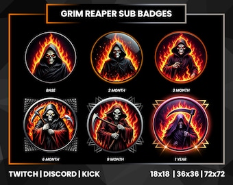 Fire Grim Reaper Sub-badges voor Twitch, Kick en Discord | 6 loyaliteitsbadges met Death Reaper-thema | PNG: 18 x 18 36 x 36 72 x 72