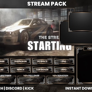 Peut inclure: Graphique de pack de stream avec une voiture argentée et le texte "STARTING". Comprend des boutons pour S'abonner, Instagram, PC Specs, FAQ, YouTube, Merch, Top Donor, Info, New Subscriber, New Follower et New Donation.