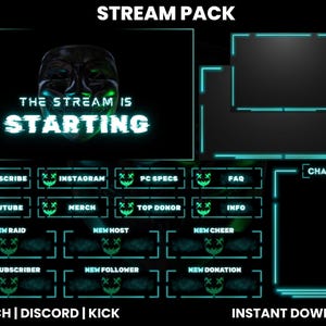 May include: A digital stream pack with a dark theme and neon green accents. The design includes a mask graphic, the text "THE STREAM IS STARTING", and various overlay elements for Twitch, Discord, and Kick. Includes instant download.