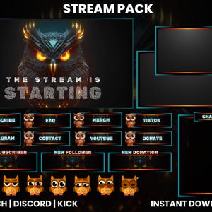 Peut inclure: Un pack de diffusion en direct noir et orange avec un motif de hibou. Le texte "STREAM PACK" est en haut de l'image. Le texte "THE STREAM IS STARTING" est au centre de l'image. L'image comprend des boutons pour "S'abonner", "FAQ", "Marchandise", "TikTok", "Instagram", "Contact", "YouTube", "Faire un don", "Nouvel abonné", "Nouveau follower" et "Nouveau don". Le texte "TWITCH | DISCORD | KICK" est en bas à gauche de l'image. Le texte "INSTANT DOWNLOAD" est en bas à droite de l'image.