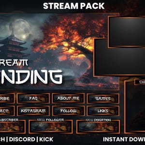 May include: A stream ending screen with a dark background featuring a Japanese-style pagoda and a large tree with orange leaves. The text "STREAM ENDING" is in white with a black outline. There are several buttons with text such as "Subscribe", "FAQ", "About Me", "Games", "Contact", "Instagram", "Follow", "Links", "New Subscriber", "New Follower", and "New Donation". The bottom of the screen says "Twitch | Discord | Kick" and "Instant Download".