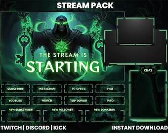 Necromancer Stream Pack – Dark Fantasy Twitch Overlay, Green Magic Starting Screen, Alerts & Panels