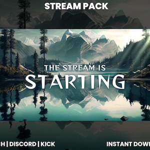 以下が含まれることがあります： 山岳湖のシーンが描かれたストリームパック。テキスト「THE STREAM IS STARTING」が青色の背景に白で表示されています。