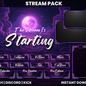 Purple Moon Twitch Stream Paket | Animierte Bildschirme | Twitch Bildschirmüberlagerung | Twitch Alarme | Chat-Overlay | Purple Moon Night | Pause