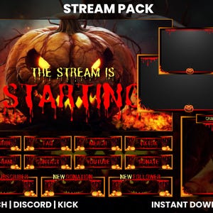 Op de afbeelding: Halloween-thema Twitch-streampakket met een enge pompoenafbeelding en overlays voor chat, nieuwe abonnee, nieuwe donatie, nieuwe volger, abonneren, merchandise, TikTok, Instagram, contact, YouTube en doneren. De tekst "The stream is starting" wordt op de pompoen weergegeven.