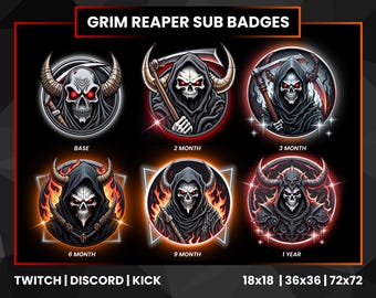 Sensenmann Twitch Sub Abzeichen | Bit-Abzeichen Twitch | Reaper Schädel Abzeichen | Neon Rot | Neon-Orange | Feuerschnitt | Discord Abzeichen | Kickabzeichen