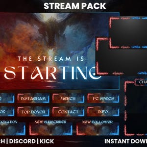 Peut inclure: Un pack de diffusion en direct avec un design bleu et rouge. Le texte "THE STREAM IS STARTING" est au centre de l'image. Le pack comprend une boîte de chat, une alerte de nouveau don, une alerte de nouveau abonné, une alerte de nouveau follower, une boîte FAQ, une boîte Instagram, une boîte de marchandise, une boîte de spécifications PC, une boîte TikTok, une boîte de donateur principal, une boîte de contact et une boîte d'informations. Le texte "TWITCH | DISCORD | KICK" est en bas de l'image. Le texte "INSTANT DOWNLOAD" est en bas à droite de l'image.