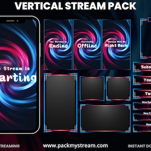 Paquete de transmisión vertical Neon Vortex para Twitch, YouTube y TikTok / Superposición de brillo azul y rojo / Kit de transmisión móvil / Pantallas de transmisión OBS