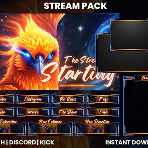 Peut inclure: Pack de stream numérique avec un design de phénix flamboyant. Comprend des écrans de superposition, des boîtes de chat et des boutons de médias sociaux. Avec le texte "The Stream Starting" et "Instant Download". Pour Twitch, Discord et Kick.