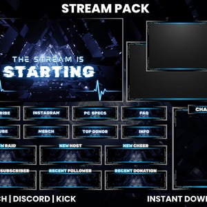 May include: A blue and black Twitch stream pack with a futuristic design. The pack includes a starting screen, chat box, and various panels for social media, donations, and other information. The text "STREAM PACK" is at the top of the image, and the text "INSTANT DOWNLOAD" is at the bottom.