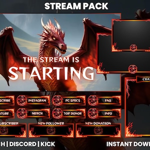 Red Dragon Stream Pack for Twitch & Kick – Fiery Overlay, Panels, Alerts, Webcam Overlay, Animated Screens | OBS | Instant Download