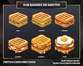 Sandwich Sub Abzeichen oder Emotes | Twitch Discord Kick Streamer Abzeichen | Toast Sandwich Tier Belohnungen | Niedliche Streamer Emotes