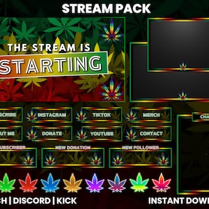May include: A green, red, and yellow leafy background with a black and white text overlay that says "THE STREAM IS STARTING".  There are several buttons with different text, including "SUBSCRIBE", "INSTAGRAM", "TIKTOK", "MERCH", "CHAT", "ABOUT ME", "DONATE", "YOUTUBE", "CONTACT", "NEW SUBSCRIBER", "NEW DONATION", and "NEW FOLLOWER".  There are also several colorful leaf icons below the buttons.  The text "TWITCH | DISCORD | KICK" and "INSTANT DOWNLOAD" are at the bottom of the image.