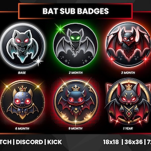 May include: Set of six bat-themed sub badges with varying designs and colors. Each badge features a stylized bat with glowing eyes and wings, set within a circular frame. Text includes "BASE", "2 MONTH", "3 MONTH", "6 MONTH", "9 MONTH", and "1 YEAR".