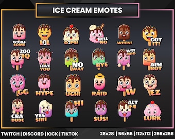 24 Ice Cream Emotes Pack for Twitch, Kick, Discord & TikTok | 24 Cute and Funny Reactions | PNG 28x28 to 256x256