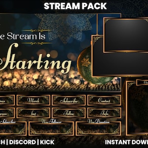 Könnte beinhalten: Ein gold-schwarzes Stream-Paket mit dunkelblauem Hintergrund. Der Text "The Stream Is Starting" ist in goldener Schrift. Das Paket enthält eine Chatbox, eine Benachrichtigung über neue Abonnenten, eine Benachrichtigung über neue Follower, eine Benachrichtigung über neue Spenden und einen Abonnieren-Button. Der Text "TWITCH | DISCORD | KICK" befindet sich am unteren Rand des Pakets. Der Text "INSTANT DOWNLOAD" befindet sich unten rechts im Paket.